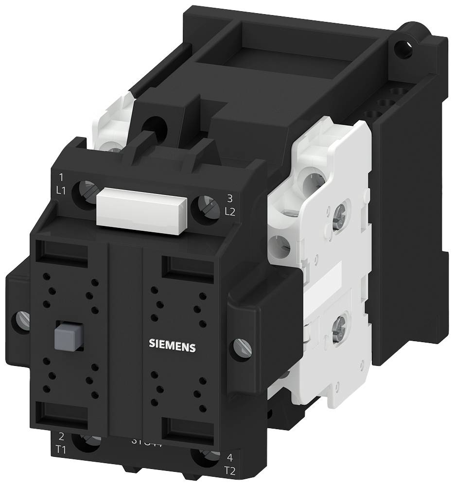 Ein Siemens-Schütz, schwarz-weiß, für elektrische Schaltanlagen. Es hat mehrere Anschlussklemmen und ein rechteckiges Gehäuse.