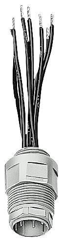 Schwarzes mehradriges Kabel endet in einem grauen zylindrischen Stecker.