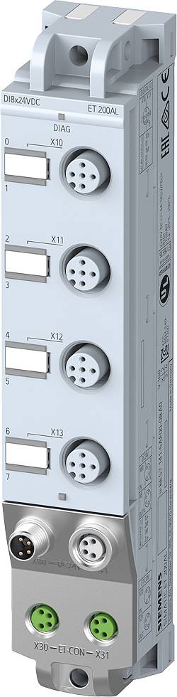 Graues, vertikales Modul mit mehreren Anschlüssen und Beschriftungen, darunter 'Siemens', technische Symbole und Spezifikationen sichtbar.