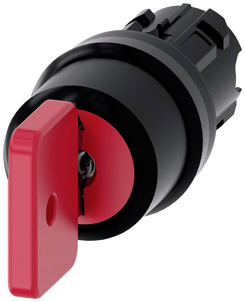 Roter Sicherheitsschalter mit schwarzem Gehäuse, Seitenansicht.