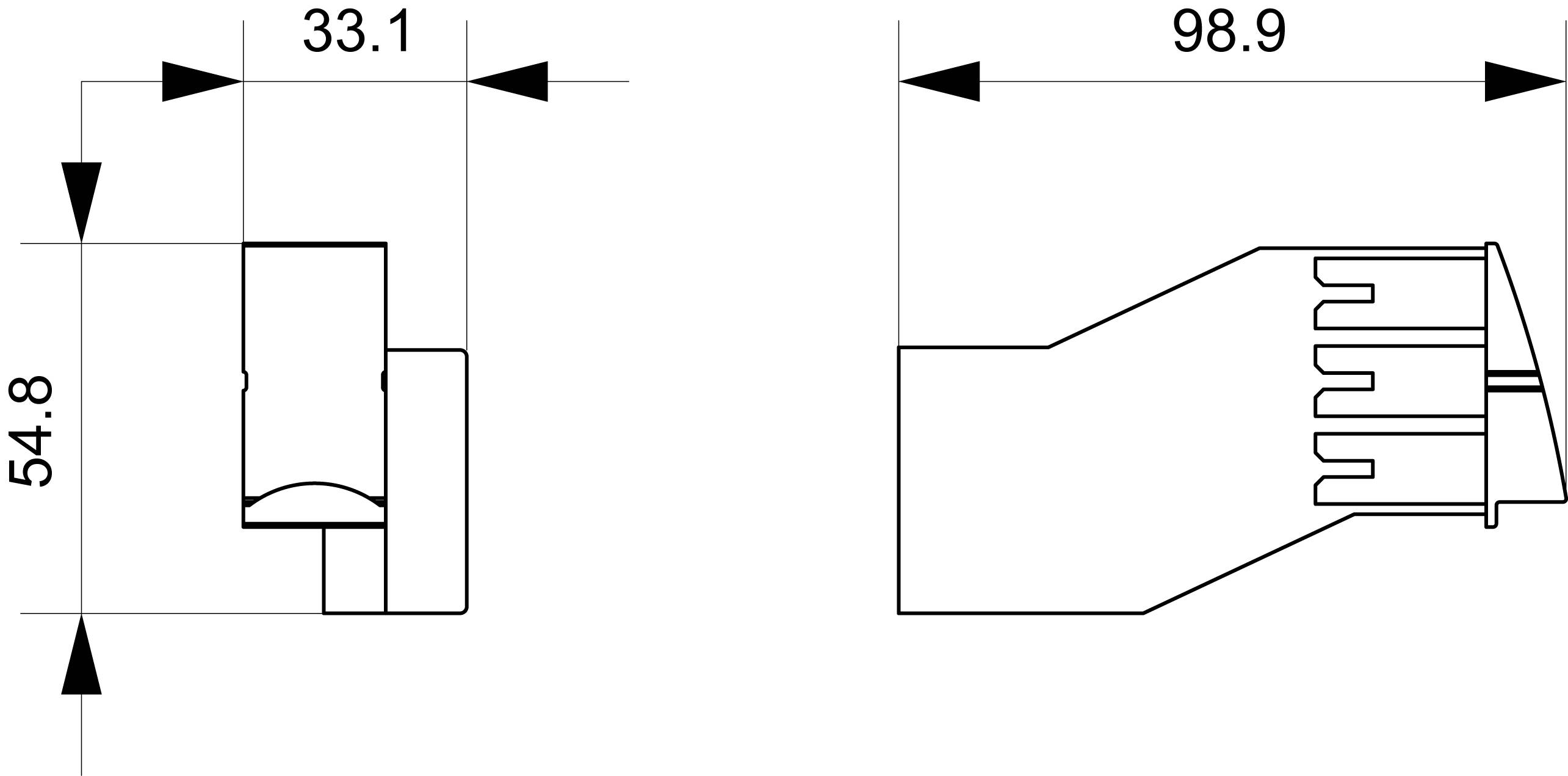 Technische Zeichnung eines Steckverbinders mit den Maßen 54,8 x 33,1 mm und 98,9 mm. Ansicht von vorne und von der Seite.