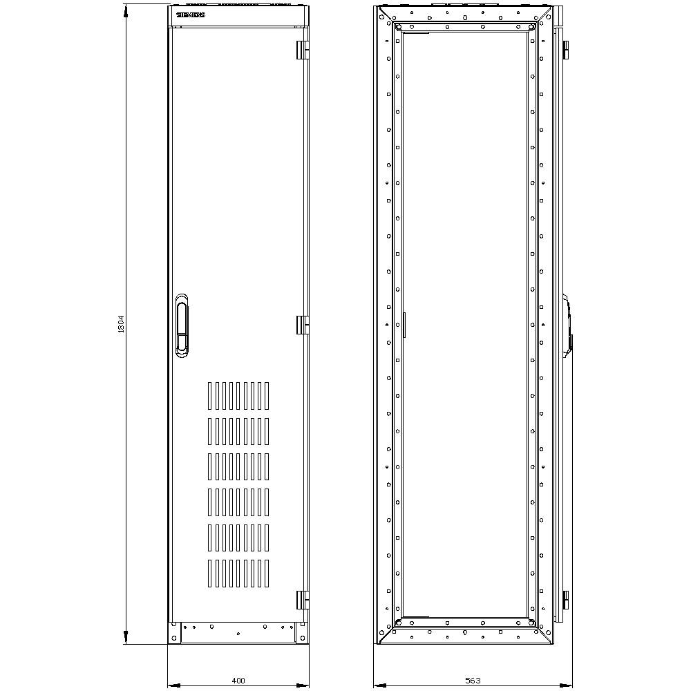 Zwei technische Zeichnungen eines Schrankes mit Maßen: Links zeigt die Vorderansicht, rechts zeigt die Seitenansicht. Maße sind 606 mm Breite, 1964 mm Höhe.