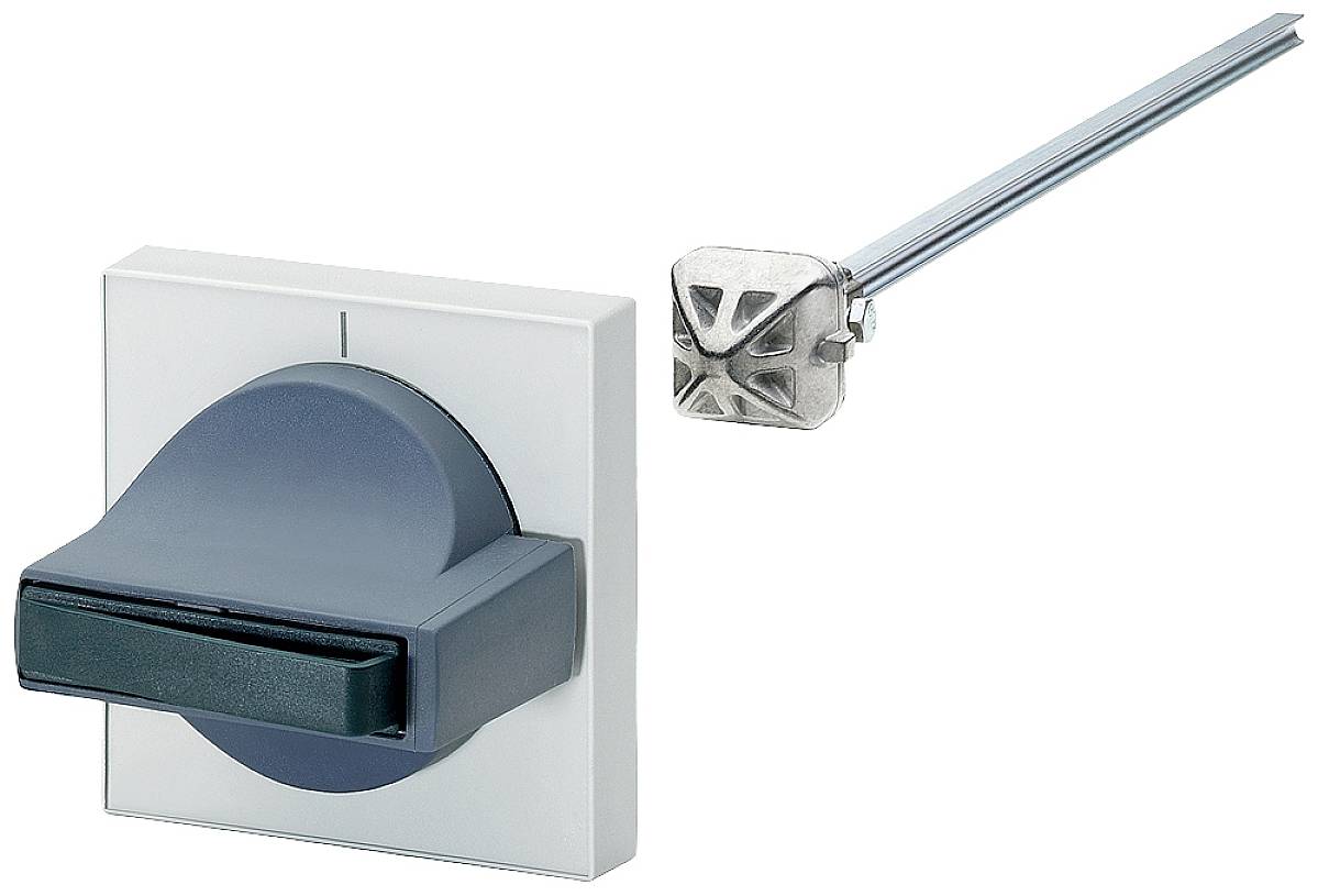 Ein grauer Drehschalter neben einer Metallmechanik mit Stange, beide sind Teil eines Gerätemontagesystems.