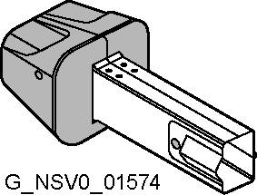 Metallischer Einschubstecker, der in ein rechteckiges Gehäuse eingesetzt wird. Links Markierung 'G_NSV0_01574'.