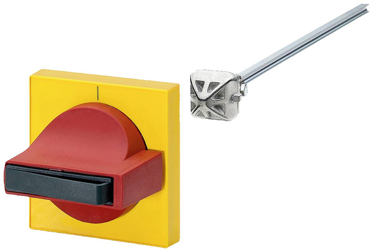 Ein roter Sicherheits-Drehschalter mit gelbem Gehäuse, daneben eine metallische Schaltwelle. Geeignet zur elektrischen Steuerung.