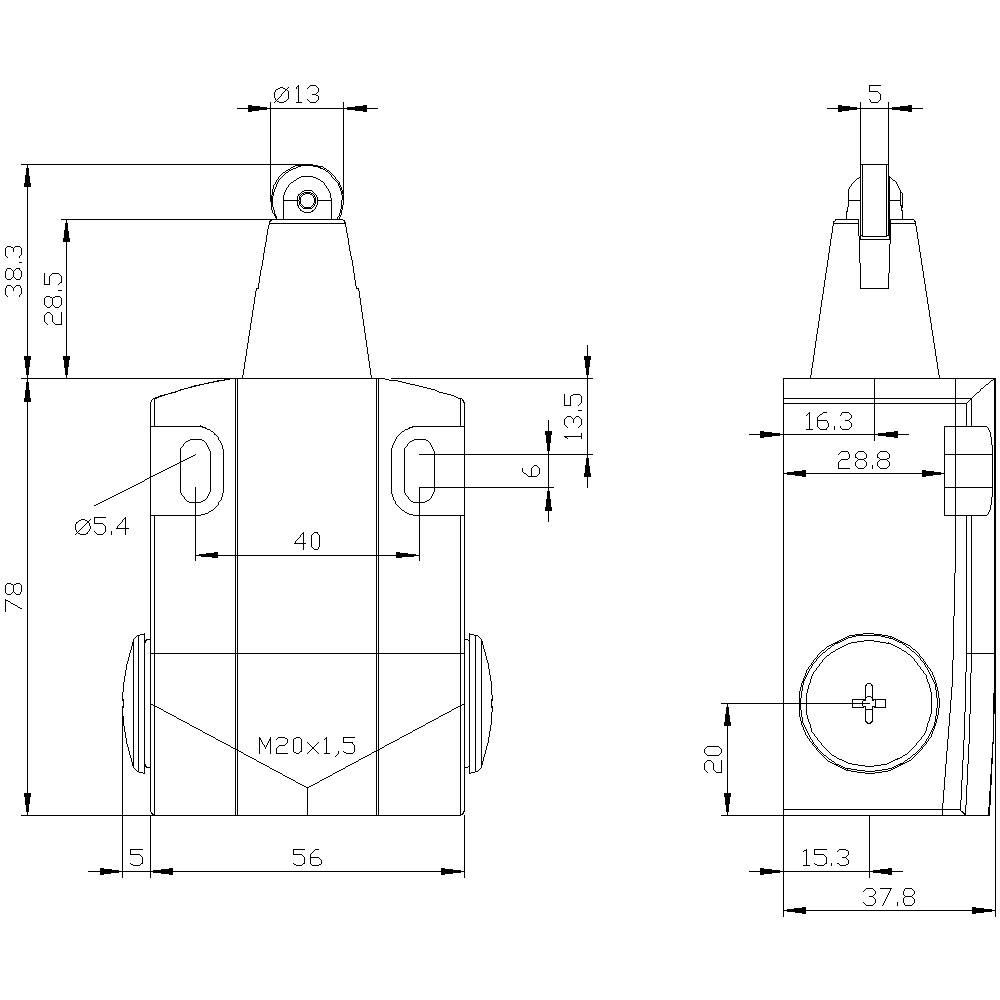 Technische Zeichnung eines Bauteils mit Abmessungen. Vorderansicht zeigt Höhe und Breite; Seitenansicht Tiefe und Details der Anschlüsse.