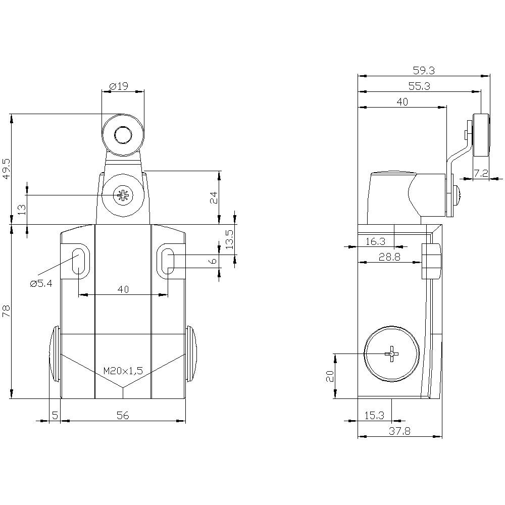 Technische Zeichnung eines mechanischen Bauteils mit Maßeinheiten in Millimetern. Zeigt Vorder- und Seitenansicht mit detaillierten Abmessungen.