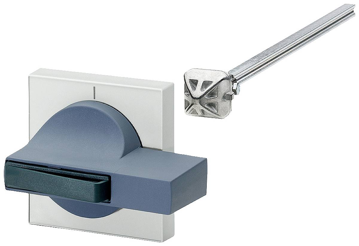 Ein grau-blauer Drehschalter mit einer Metallstange, die zur Befestigung dient. Der Schalter hat eine quadratische Basis.