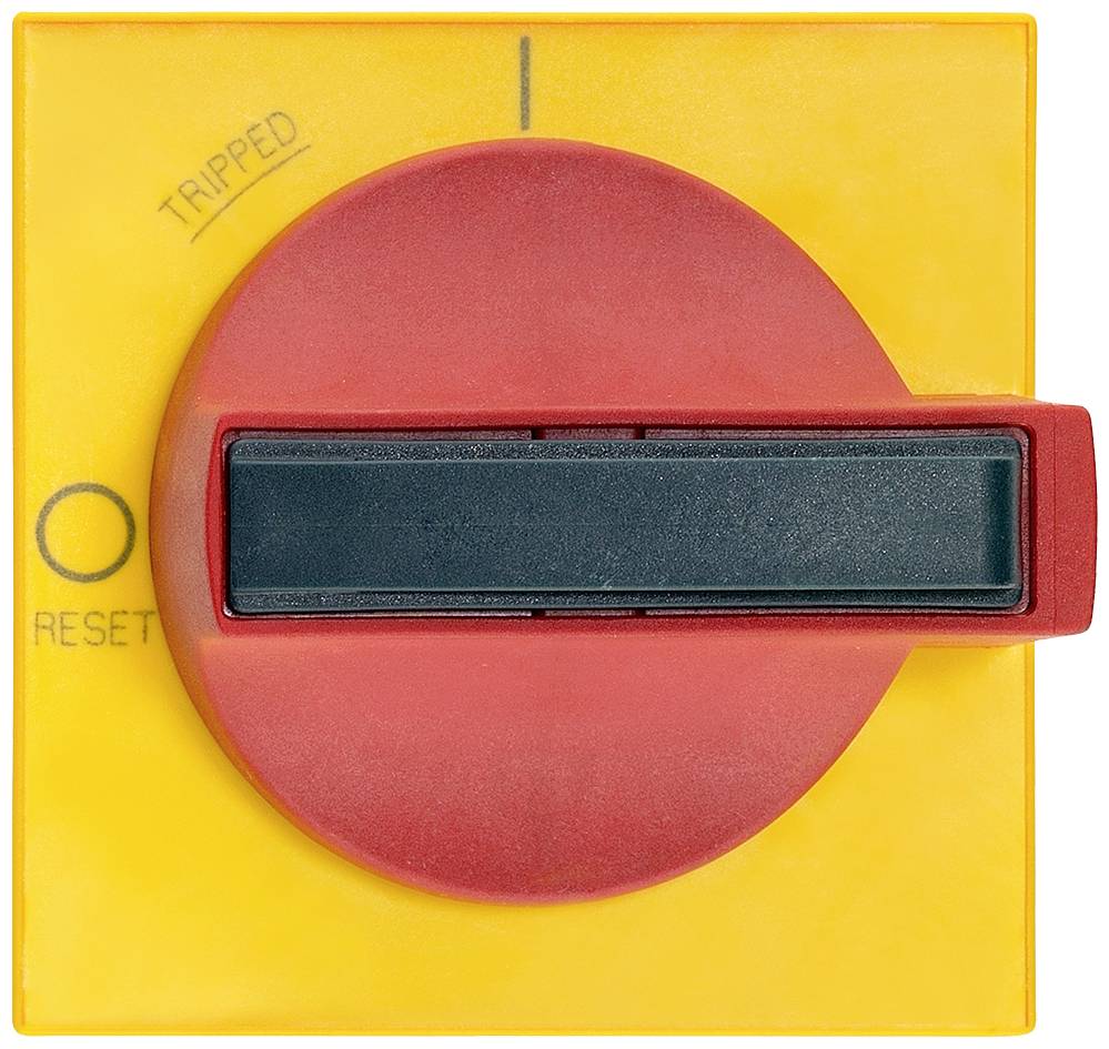 Gelber Not-Aus-Schalter mit rotem Drehhebel in der 'Tripped'-Position, dient zur Sicherheitsabschaltung von Maschinen.