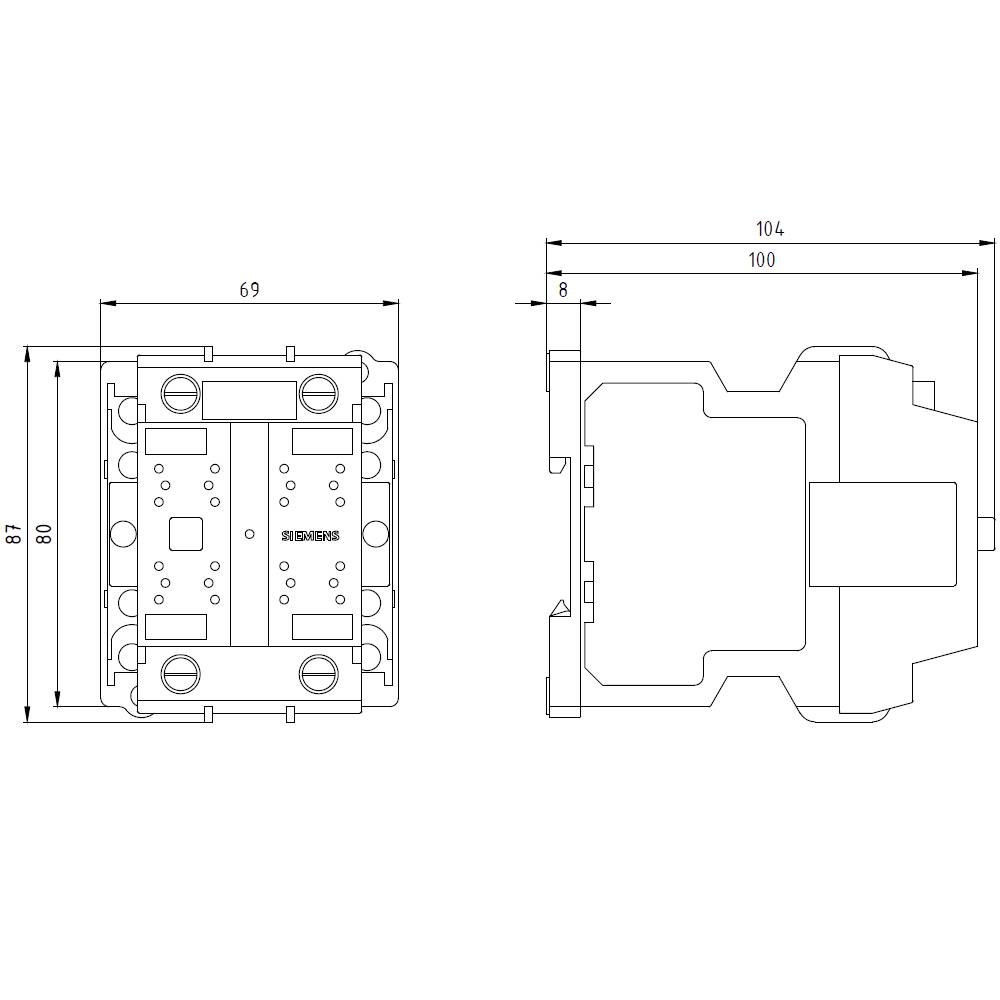 Technische Zeichnung eines elektrischen Relais mit Abmessungen: Breite 88 mm, Länge 69 mm, Tiefe 104 mm. Seiten- und Vorderansicht.