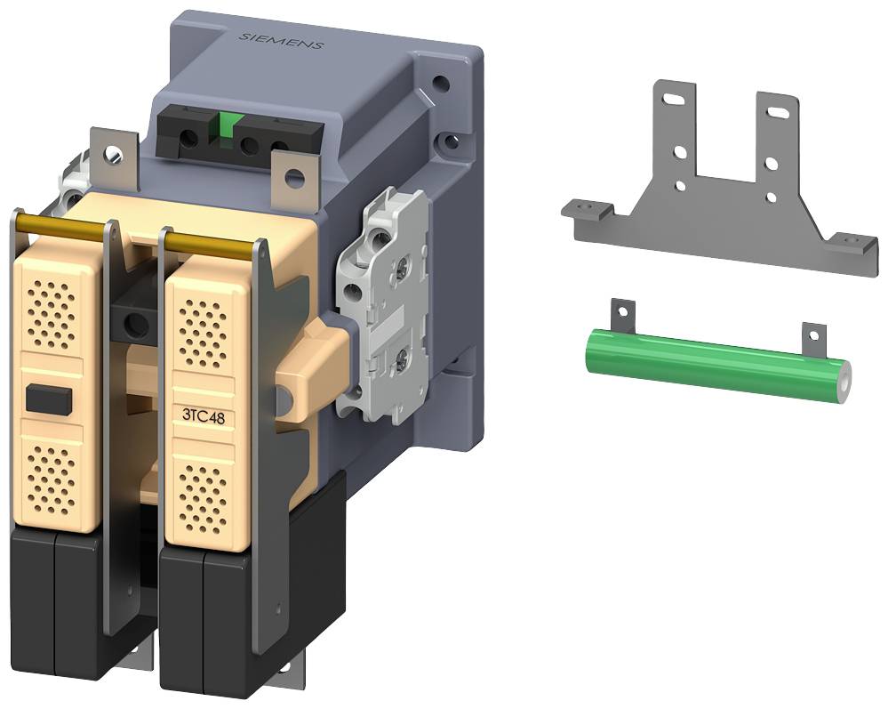 Siemens-Schütz mit Zubehör, bestehend aus Montagehalterung und Sicherung, auf weißem Hintergrund abgebildet.