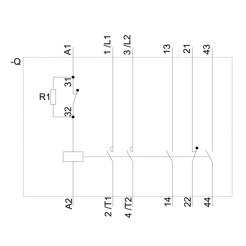 Sicherungsschaltplan mit Widerstand R1 und Schalter. Verbindungen 3L1, 3L2, 3L3, 1T1, 4T2, 13, 14, 21, 22, 31, 32, 41, 44.