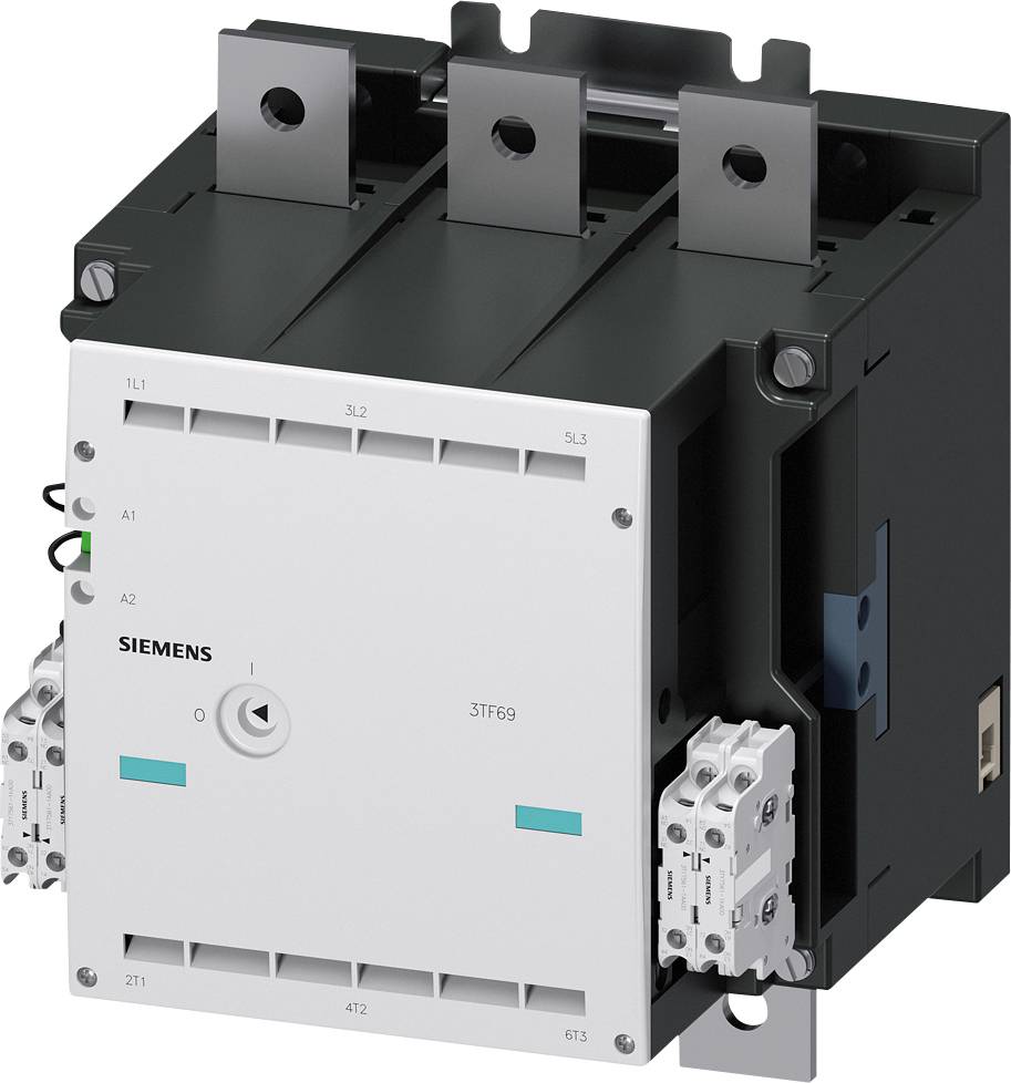 Ein großer elektrischer Leistungsschalter mit Siemens-Logo, vier Anschlüsse oben, Schalter in der Mitte, seitliche Schaltklemmen.