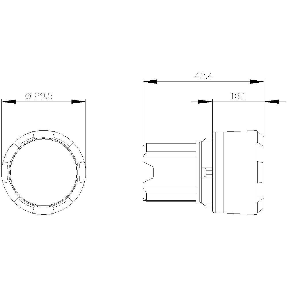 Technische Zeichnung eines zylindrischen Bauteils mit Maßen: Durchmesser 29,5 mm, Länge 42,4 mm, Seitenlänge 18,1 mm.