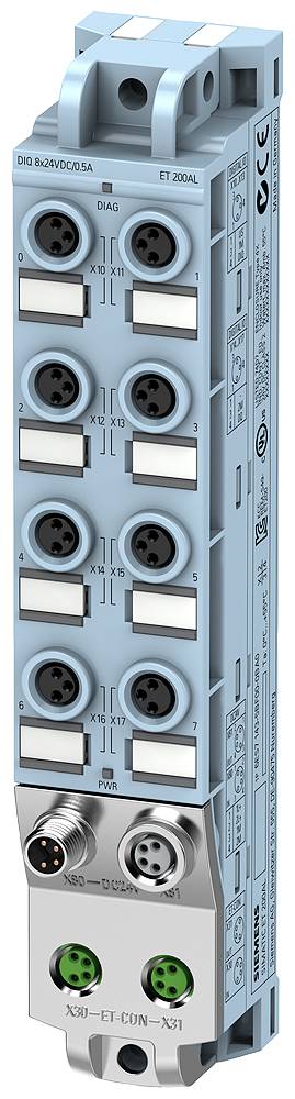 Ein blaues elektronisches Modul mit Anschlüssen und Beschriftungen oben und unten, vermutlich für industrielle Automatisierung.