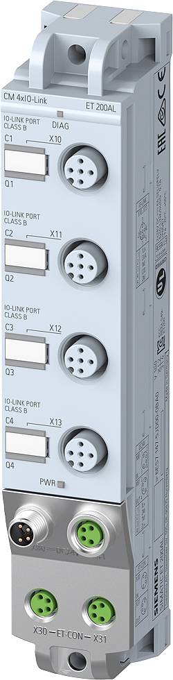 Elektronisches Modul mit mehreren Anschlüssen, LED-Anzeigen und Beschriftungen. Wird für industrielle Steuerungssysteme verwendet.