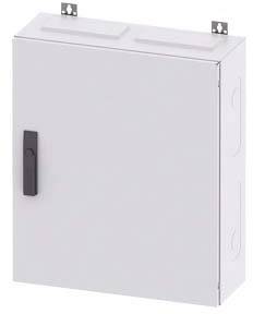 Ein weißer elektrischer Schaltschrank mit schwarzem Griff, sichtbar sind zwei Metallhalterungen oben zur Befestigung.