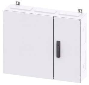 Weißer Elektroverteilerkasten, an einer Wand montiert, mit zwei Türen und einem schwarzen Griff, zur geordneten Verkabelung.