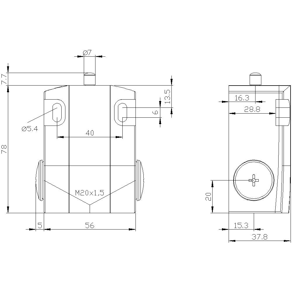 Technische Zeichnung eines zylindrischen Bauteils mit Durchmessern, Längen und Gewindegröße M20x1,5. Ansicht von vorne und der Seite.
