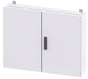 Ein weißer Metallschrank mit zwei Türen und einem schwarzen Griff, montiert an der Wand für die Aufbewahrung oder Organisation.