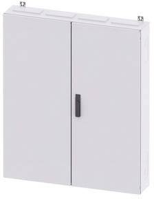 Ein grauer Metallschrank mit zwei Türen und einem schwarzen Griff, an der Wand montiert.
