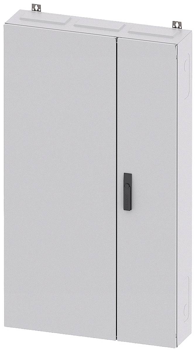Grauer, rechteckiger Metallschrank mit zwei Türen und einem schwarzen Griff in der Mitte. Der Schrank ist an der Wand montiert.