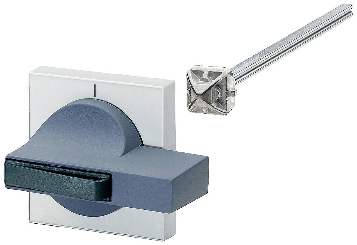 Ein grauer Schalthebel mit einer quadratischen Basis und ein langer Metallstab, der separat gezeigt wird.