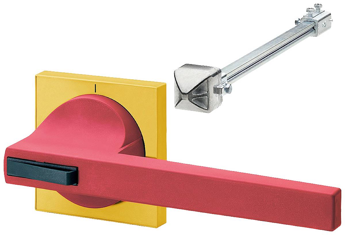 Not-Aus-Griff und Stangenmechanismus: Roter Hebel mit gelbem Sockel als Notfallabschaltung, verbunden mit einem Metallstangenmechanismus.