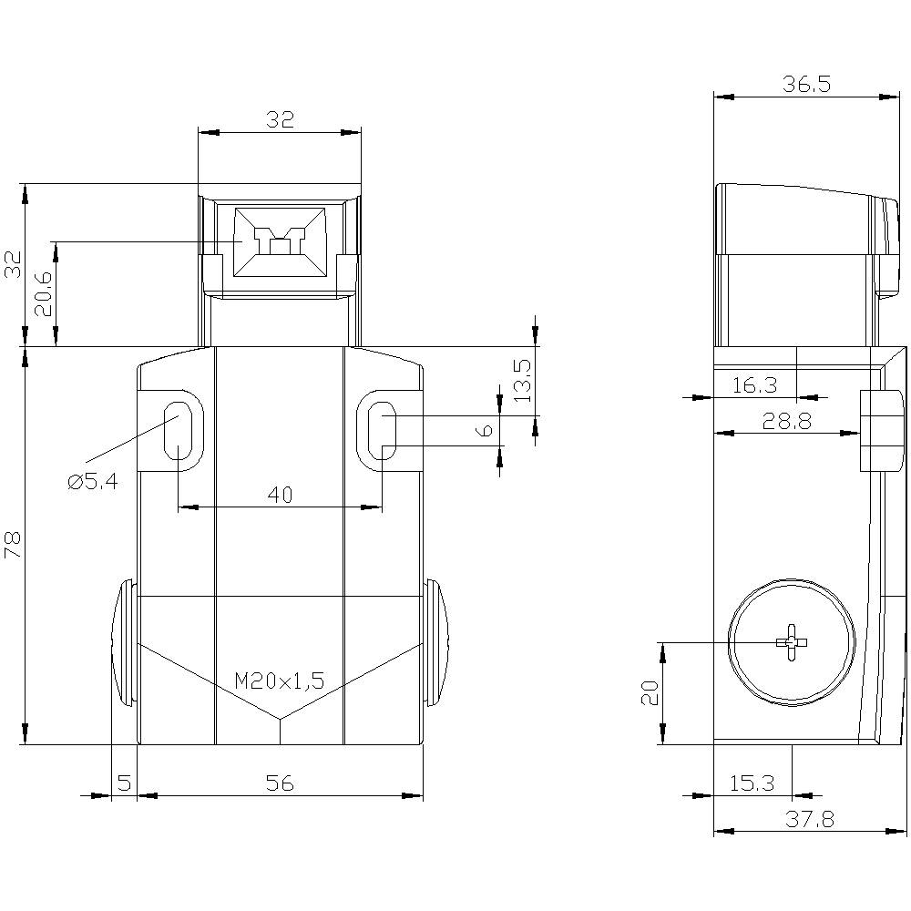 Technische Zeichnung eines Bauteils mit Seiten- und Frontalansicht. Maße in mm: Höhe 66,1, Breite 36,5. Gewinde M20x1,5.