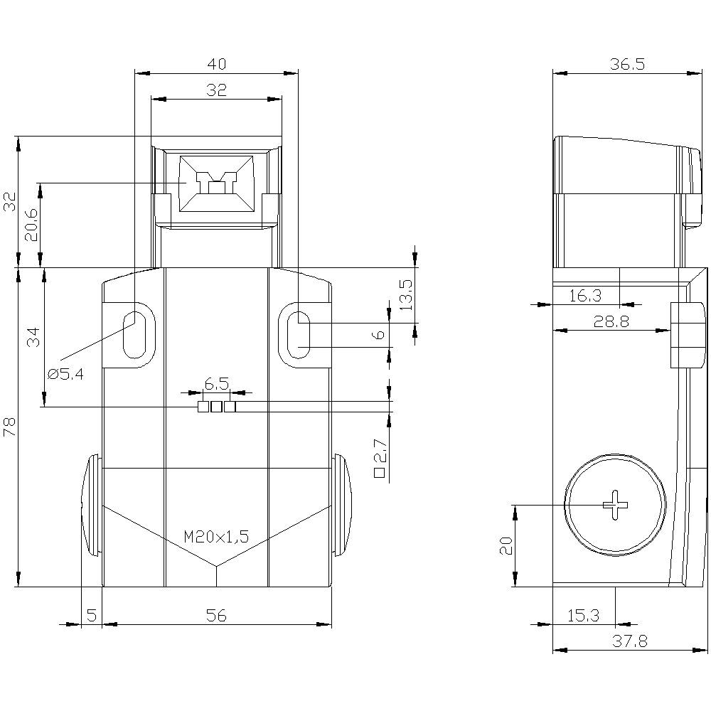 Technische Zeichnung eines Steckers mit Maßen. Ansicht von vorne und Seite, zeigt detaillierte Bemaßung der Bauteile in Millimetern.