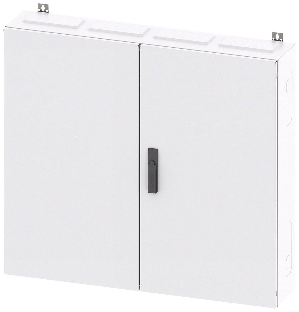 Ein rechteckiger, weißer Metallschrank mit zwei Türen und einem schwarzen Griff.