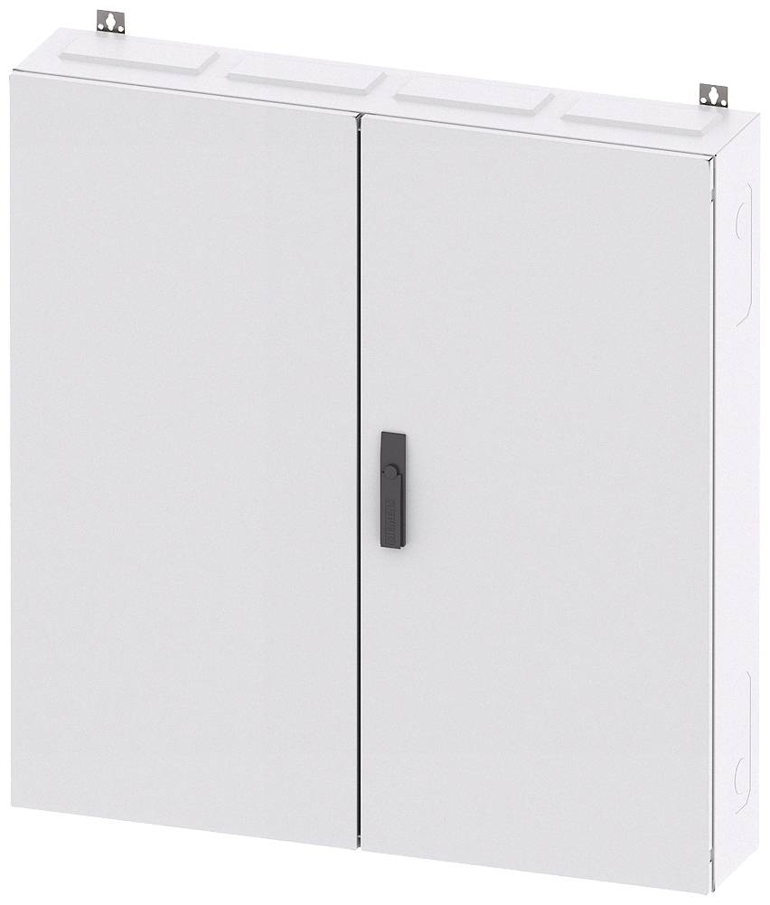 Metallschrank mit zwei Türen, zentralem Griff und Wandmontagevorrichtung, geeignet zur Aufbewahrung oder Sicherung von Gegenständen.