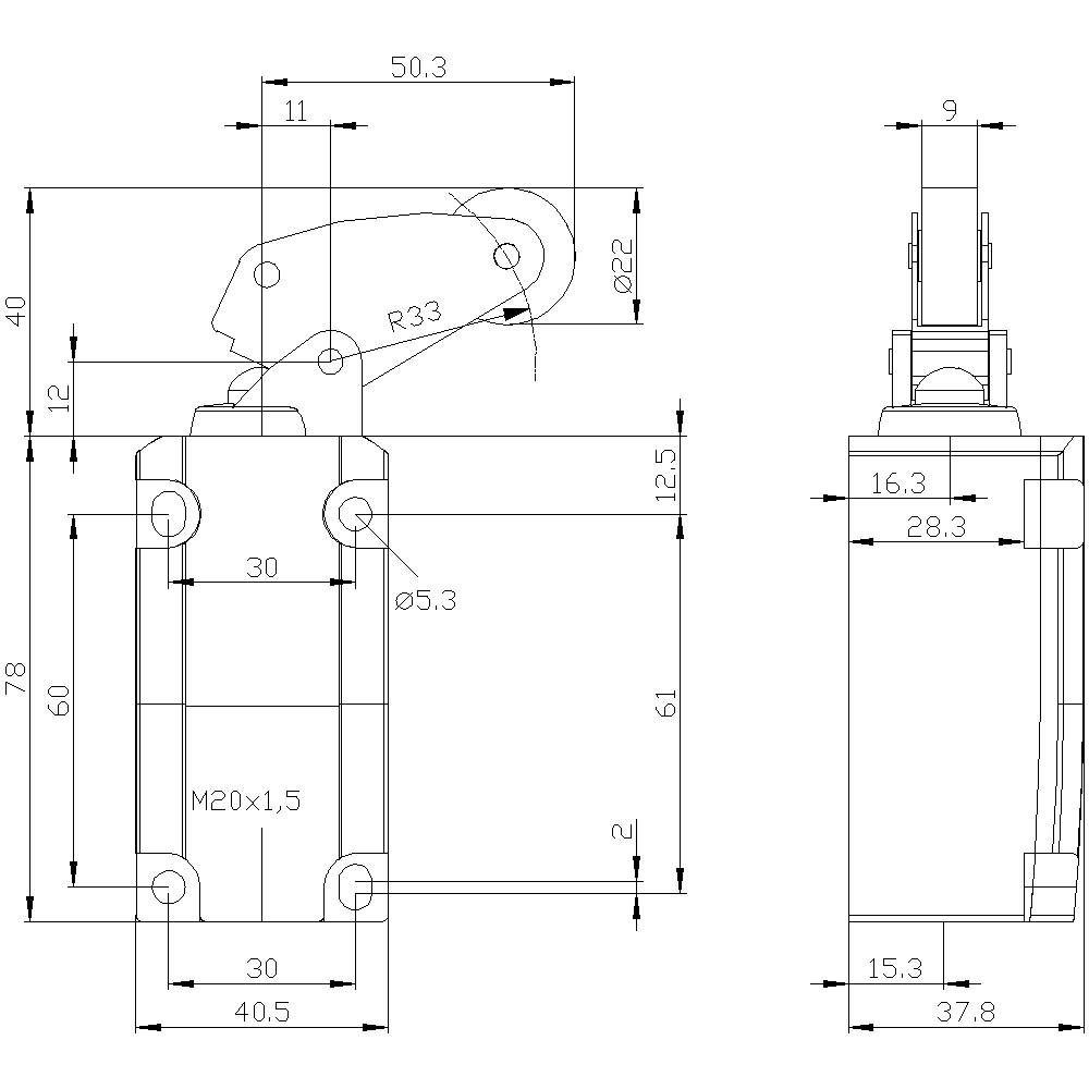 Technische Zeichnung eines Maschinenbauteils mit Bemaßungen. Vorderansicht zeigt Details wie Gewinde M20x1,5 und Bohrungen. Seitenansicht enthalten.
