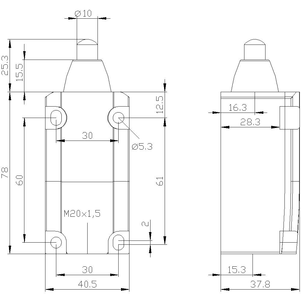 Technische Zeichnung eines zylindrischen Bauteils mit Maßen in Millimetern; zeigt Vorder- und Seitenansicht mit detaillierten Abmessungen.