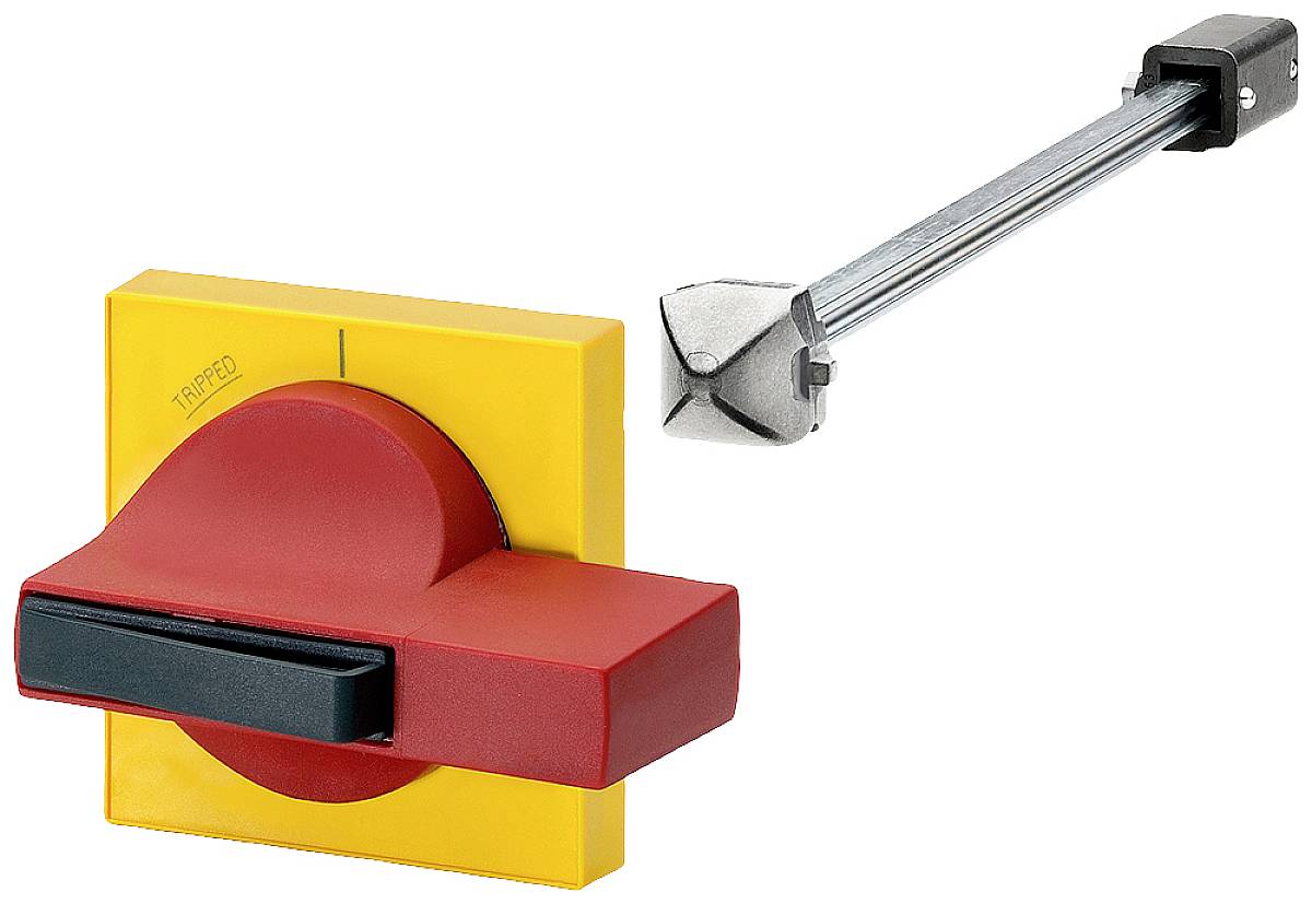 Not-Aus-Schalter mit rotem Hebel und gelbem Hintergrund, neben einem Metallschlüssel. Symbol für Sicherheit und Kontrolle.