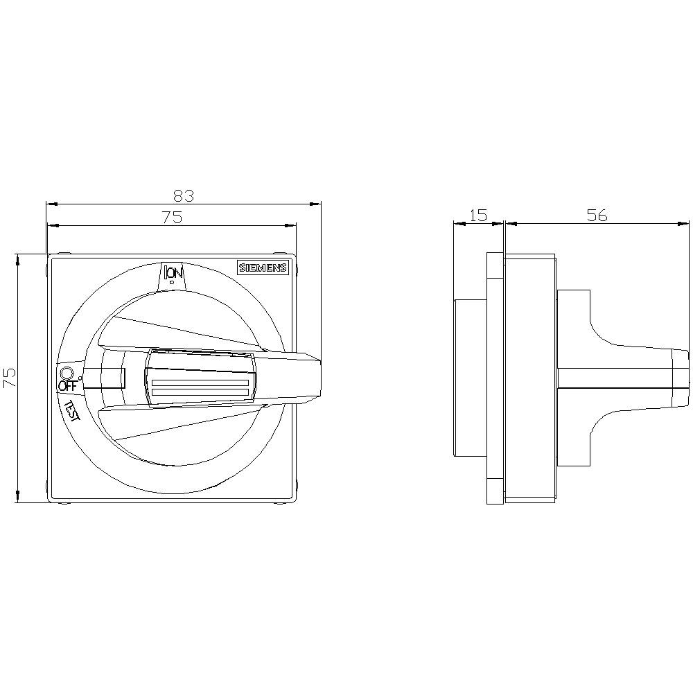 Technische Zeichnung eines Schalters. Zeigt Vorder- und Seitenansicht mit Maßen: 83x75 mm vorne, 15 mm Tiefe. Markierungen: 'On', 'Off'.