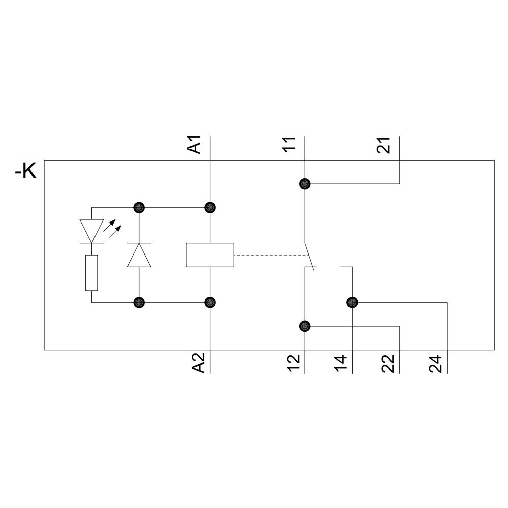 Schaltsymbol für ein Relais: Zeigt interne Verbindungen und Kontakte A1, A2, 11, 12, 14, 21, 22, 24 mit einer Diode und LED.