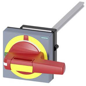 Ein roter Schalter mit gelber Basis von Siemens, dargestellt in der 'ON'-Position. Der Schalter hat einen langgezogenen Griff.