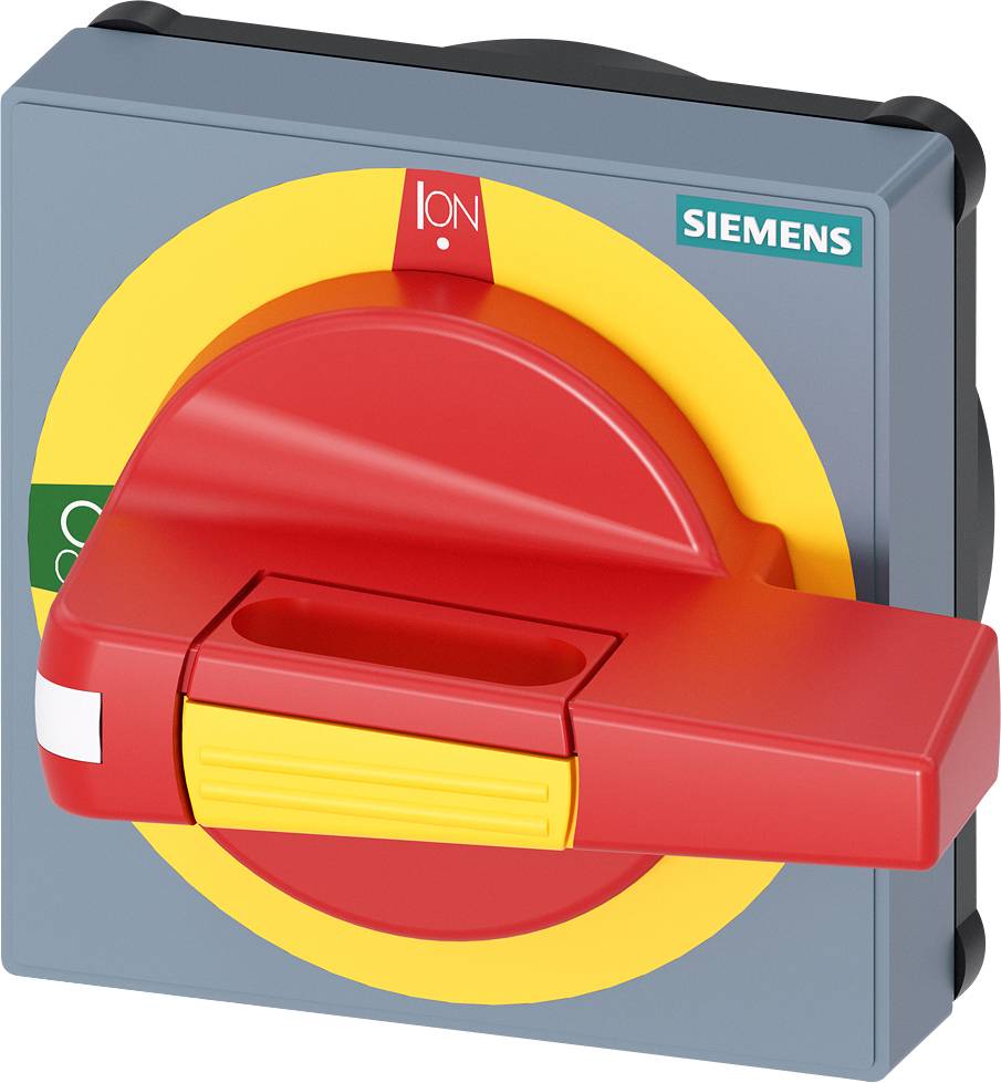 Ein roter Drehschalter von Siemens mit gelber Grundfläche, zeigt auf 'ON'.