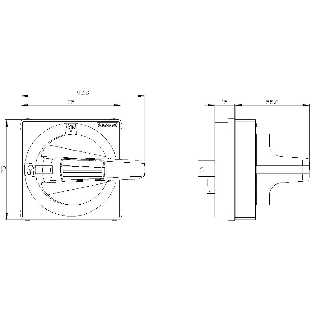 Technische Zeichnung eines Schalters mit Abmessungen: Vorder- und Seitenansicht. Maße: 75x75 mm Front, 92,8 mm Gesamttiefe.