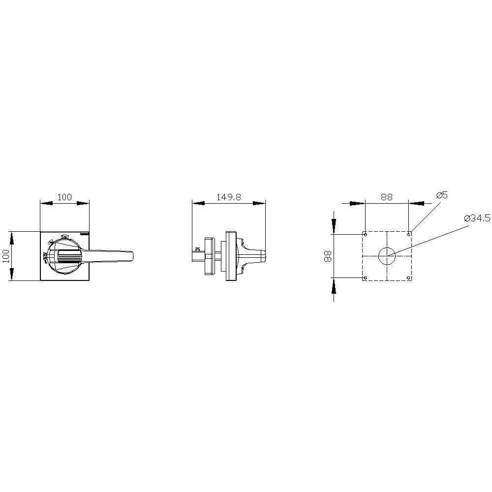 Technische Zeichnung: Ventil mit Maßangaben. Links: Draufsicht (100 x 100 mm). Mitte: Seitenansicht (149,8 mm). Rechts oben: Frontalansicht mit Bohrung (Ø5 mm, Ø34,5 mm).