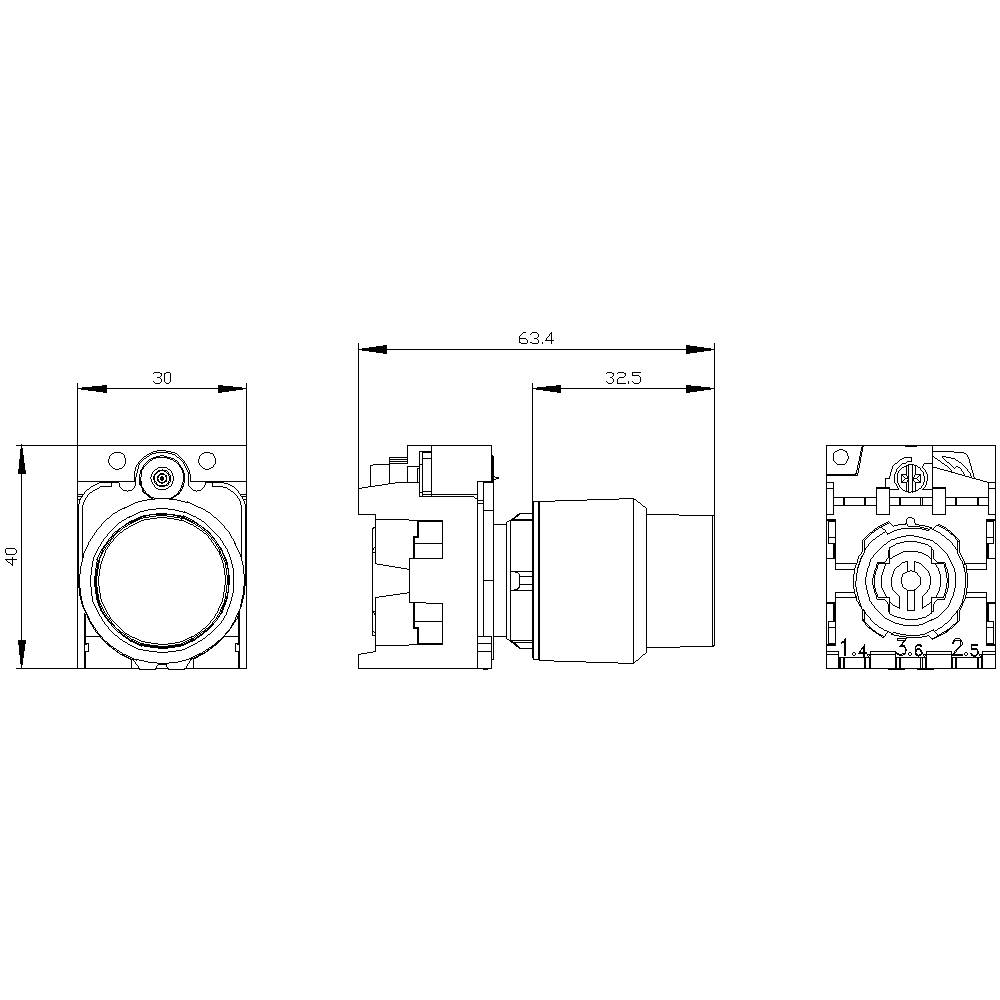Technische Zeichnung eines elektrischen Bauteils mit Abmessungen: Breite 30mm, Höhe 40mm, Länge 63,4mm. Draufsicht und Querschnitt dargestellt.