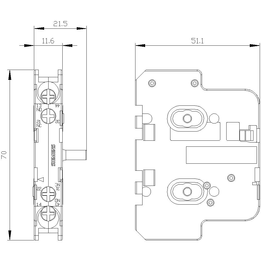 Technische Zeichnung einer mechanischen Komponente mit Abmessungen. Zeigt Vorder- und Seitenansicht; Maße: 70 mm Höhe, 21,5 mm Breite.