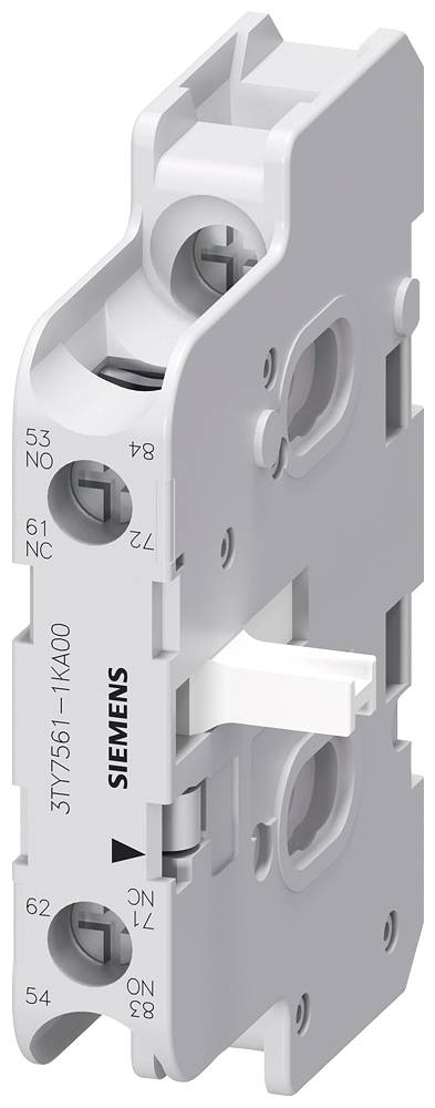 Ein grauer Siemens-Schalteraufsatz, vertikal angeordnet, zeigt Zahlen und Kontaktpositionen an den Seiten. Geeignet für industrielle Anwendungen.
