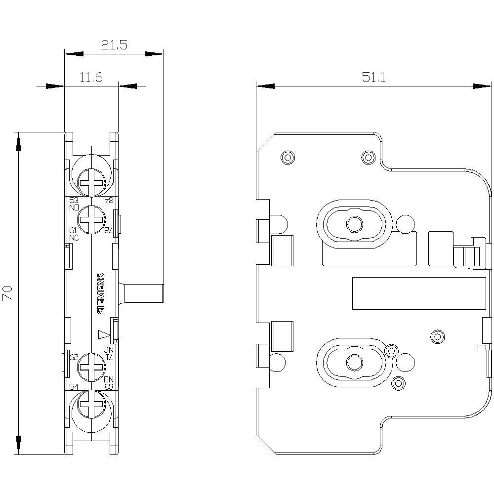 Technische Zeichnung eines Bauteils mit Bemaßungen: 70mm Höhe, 21,5mm und 51,1mm Breite. Seitliche und obere Ansichten gezeigt.