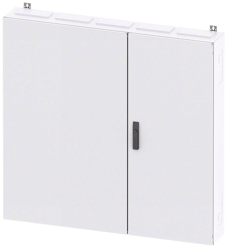 Ein weißer Schrank mit zwei Türen und einem schwarzen Griff, möglicherweise ein Elektro- oder Aufbewahrungsschrank.