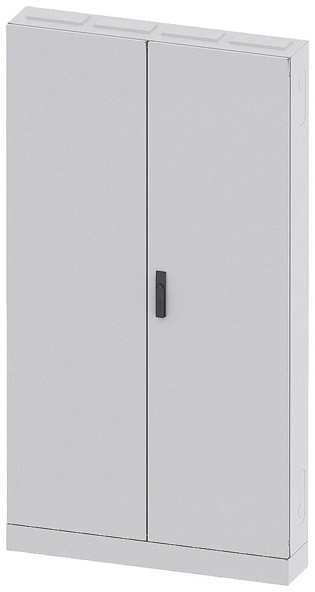 Ein grauer Metallschrank mit zwei Türen und einem schwarzen Griff, steht senkrecht und ist geschlossen.