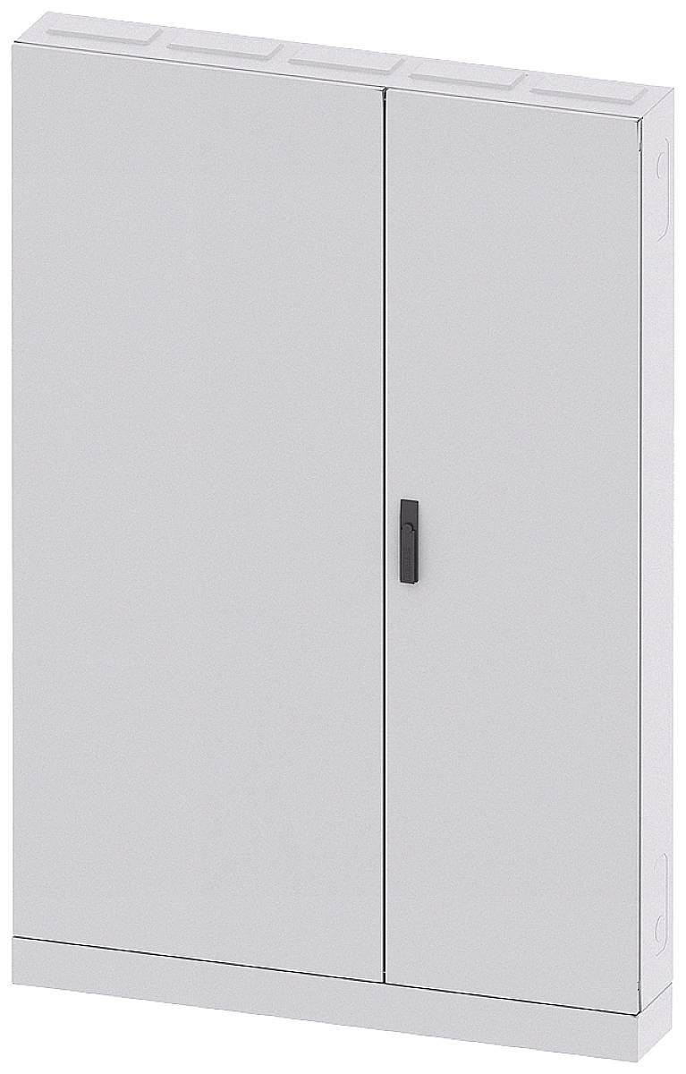 Ein grauer zweiflügeliger Metallschrank mit schwarzem Griff, geschlossene Türen.