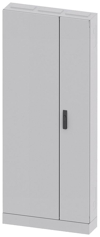 Ein grauer Metallschrank mit zwei Türen und einem schwarzen Griff. Der Schrank steht aufrecht und hat ein schlichtes Design.