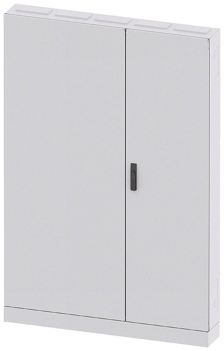 Metallschrank mit zwei Türen und einem schwarzen Griff in der Mitte, vor einem neutralen Hintergrund.